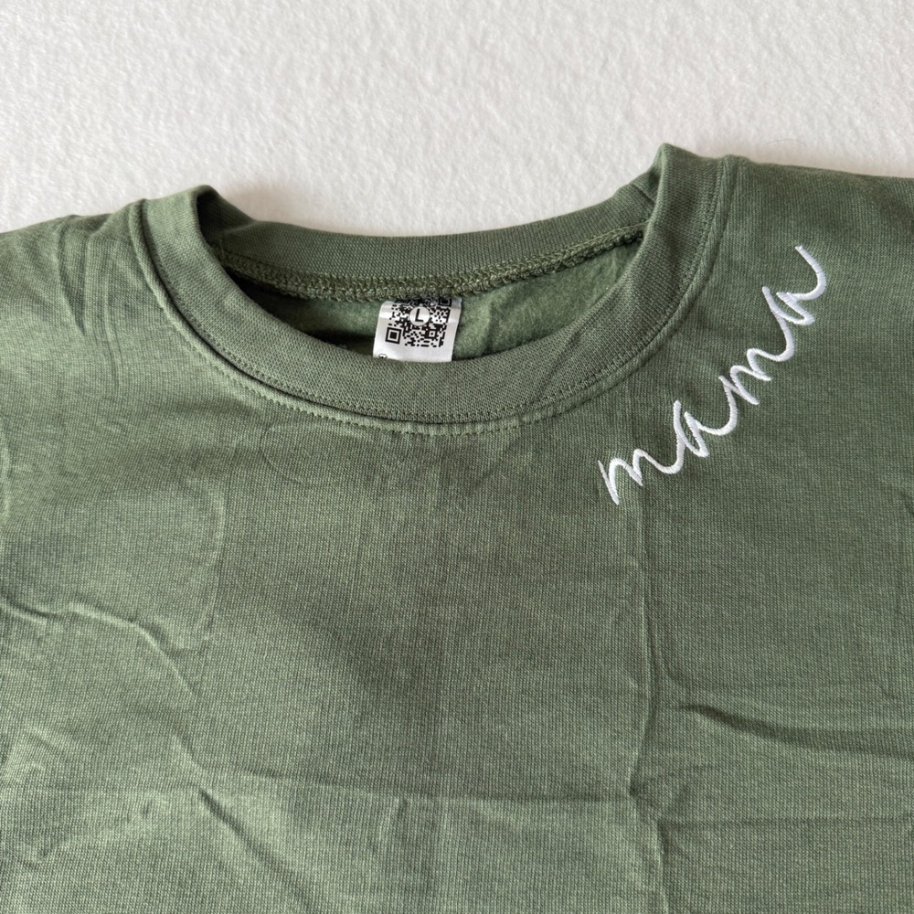 Mama Embroidered Sweatshirt Women Large Olive Green Heart Sleeve - Picture 5 of 7